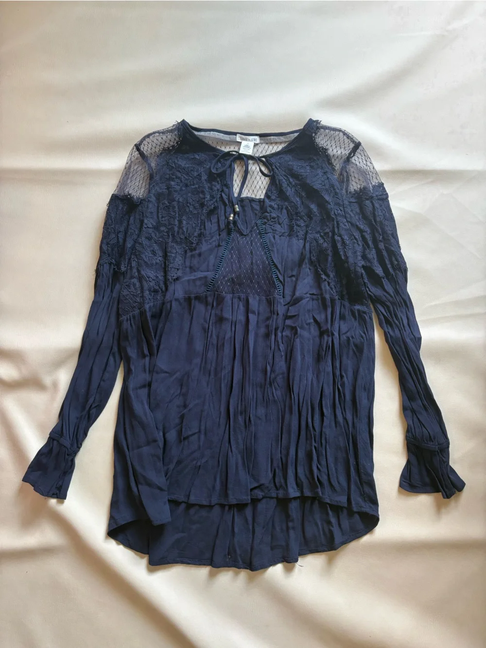 Lace-Trim Navy Tie-Front Dress with bell sleeves